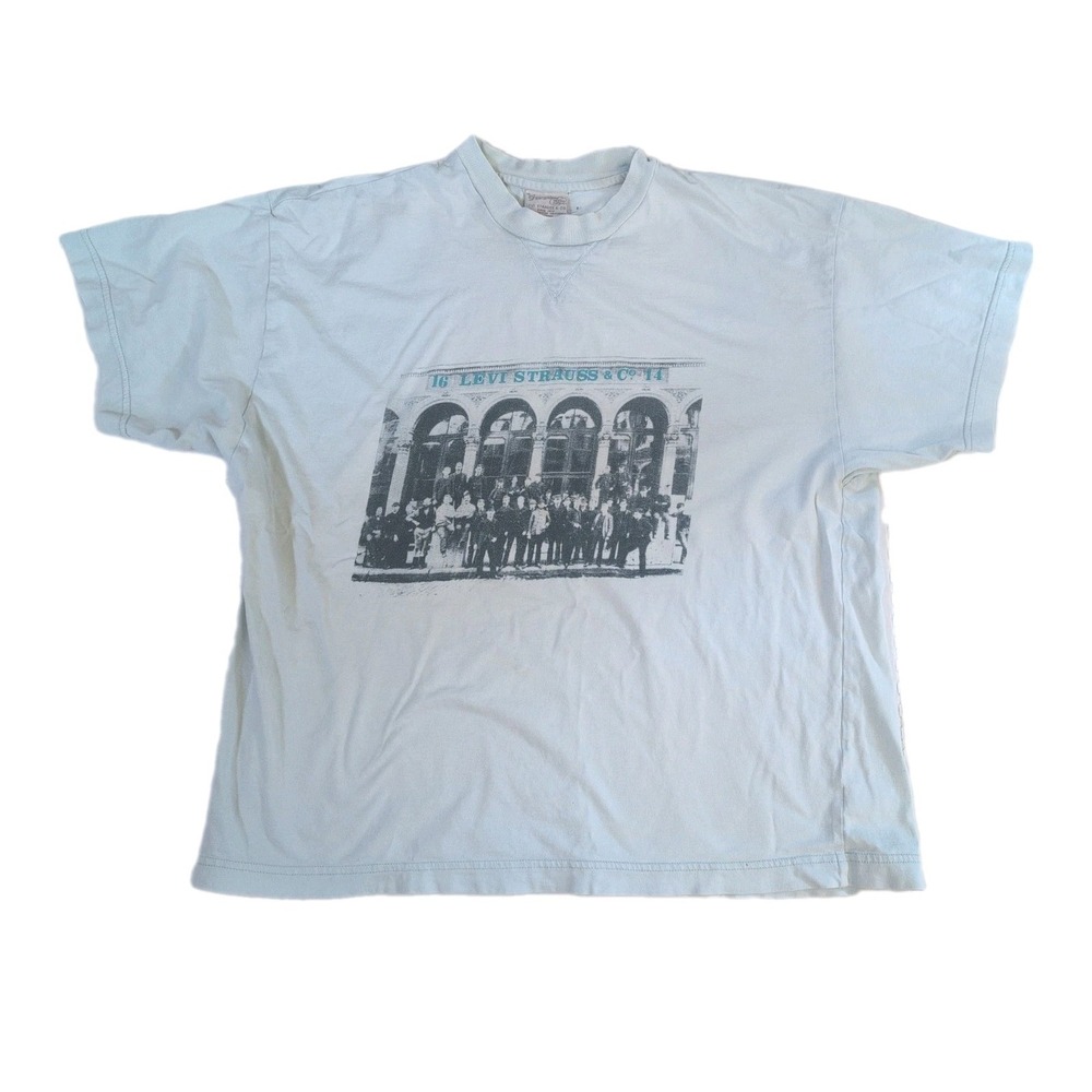 Vintage 90s Levi Strauss Photo Graphic T Shirt Mens XL Light Blue Crowd Print